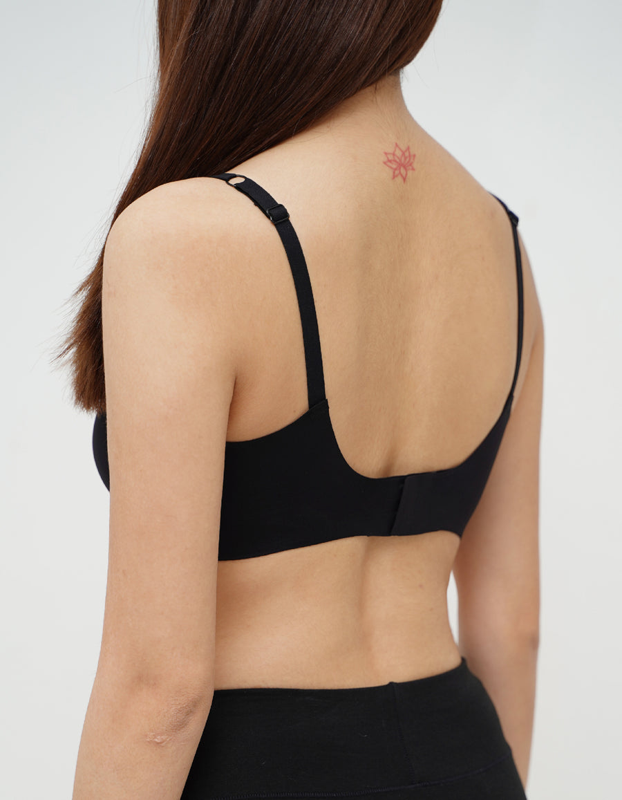 Chantelle's Secret black seamless bra back view highlighting the adjustable straps and comfortable, supportive band.