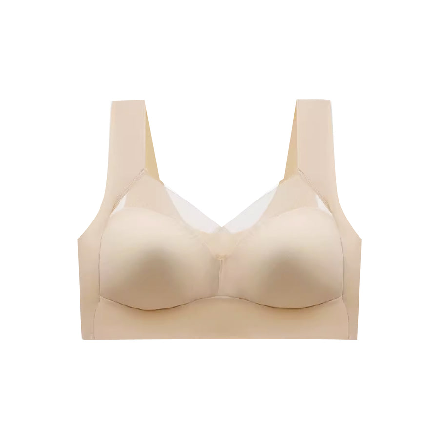 Chantelle's Secret sports bra in skin featuring a mesh neckline insert, smooth seams, and wireless support for comfortable, stylish athletic wear.