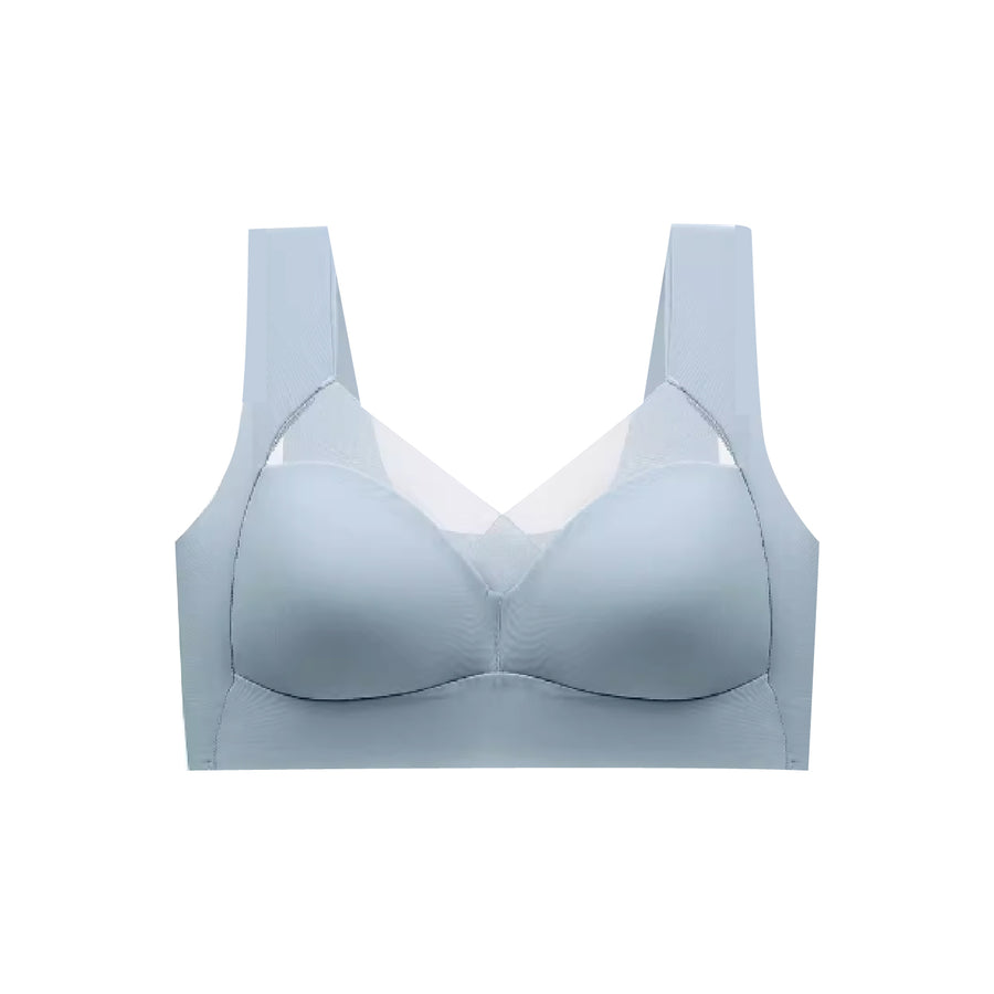 Chantelle's Secret sports bra in blue featuring a mesh neckline insert, smooth seams, and wireless support for comfortable, stylish athletic wear.