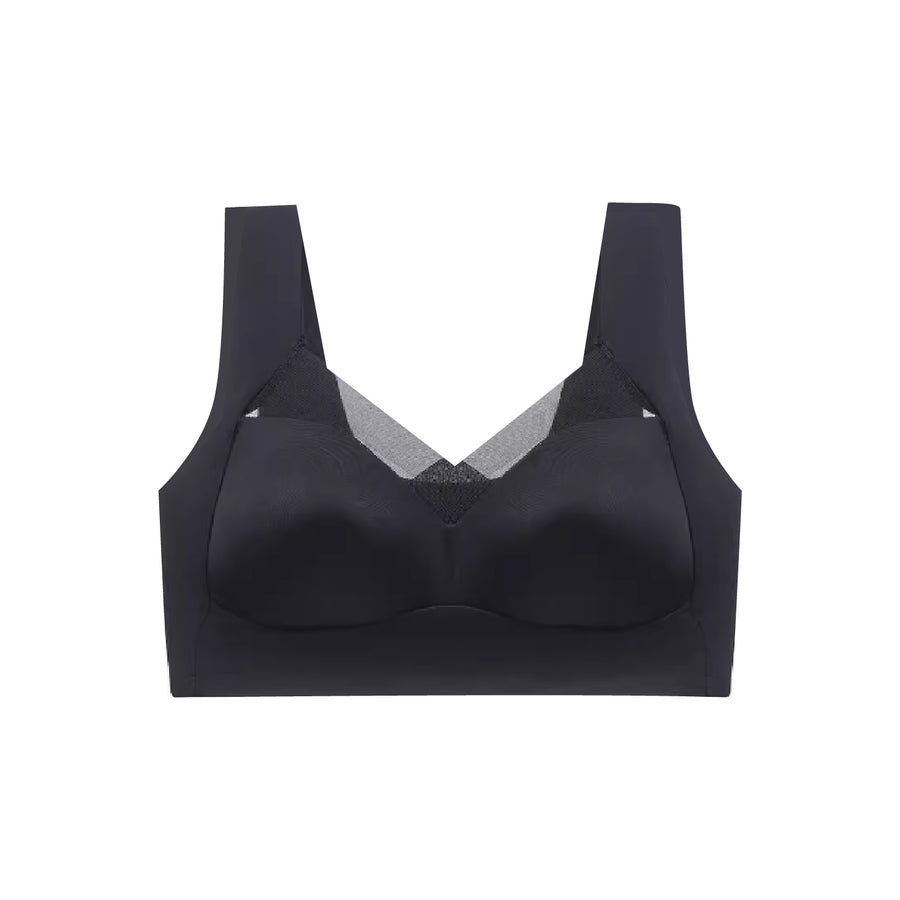 Chantelle's Secret sports bra in black featuring a mesh neckline insert, smooth seams, and wireless support for comfortable, stylish athletic wear.